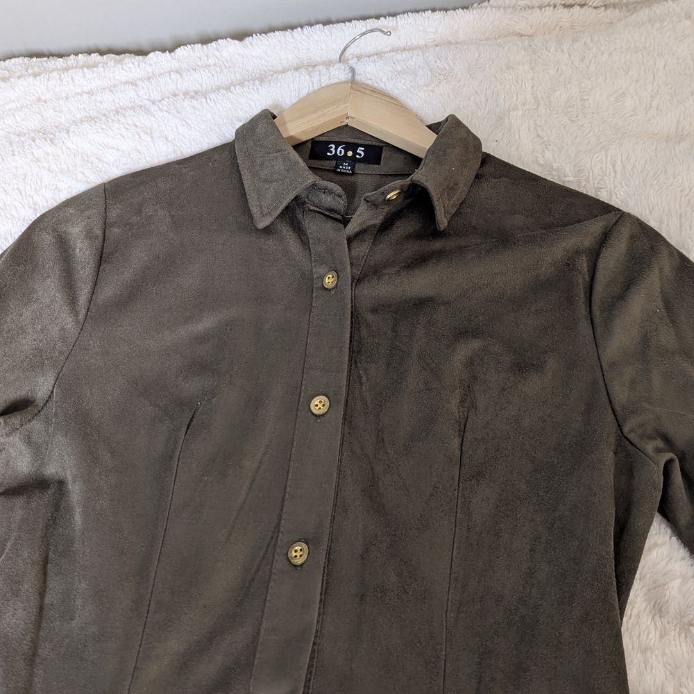 Women's Olive Green Button-Front Flared Suede Shirt Dress - Picture 11 of 14